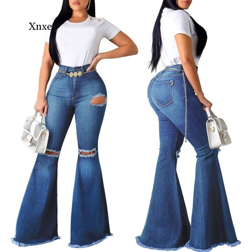 Women Fashion Denim Flare Trousers Retro Ripped Jeans Female Lady Slim Vintage Hole Bell Bottoms Jeans Pants Elegant Clothing