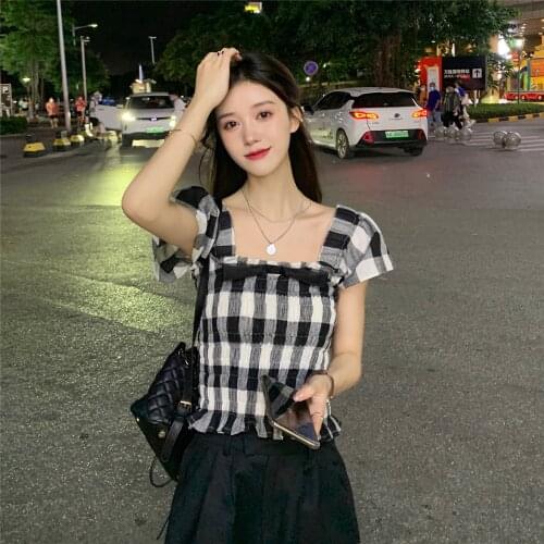 Women Summer Black White Plaid Vintage Preppy Style Cute Pleated Dress Blouse Top Pullover