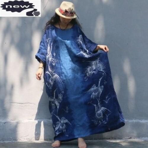 Top Quality Women Loose Maxi Long Dress Handmade Plants Dyeing Cotton Linen Priest Frock Robe Retro Printed Floor Length Dresses