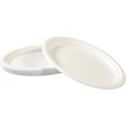 Ecorigin biodegradable disposable oval plates and sugar cane compostable. White Color. 26x20 cm