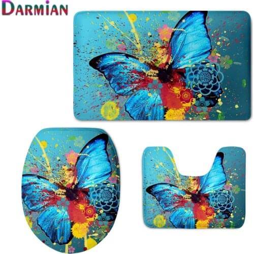 Decor Bathroom Toilet Seat Cover 3D Blue Butterfly Printing Warmer Soft Closestool Pad Mat Non-slip Floor Rugs Carpets 3Pcs/set