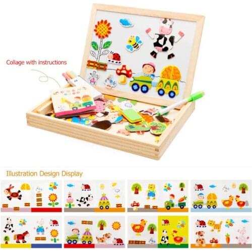 Wooden Magnetic Puzzle Toys Figure Animals Vehicle Circus Drawing Board Box Kids Montessori Educational Toys for Children Gift