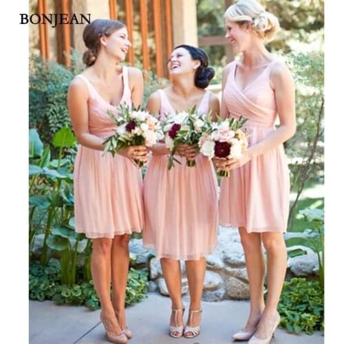 Elegant Pink A-Line Chiffon Bridesmaid Dresses Cheap short Sleeveless V-Neck Wedding Party Gown Bridesmaid Dresse