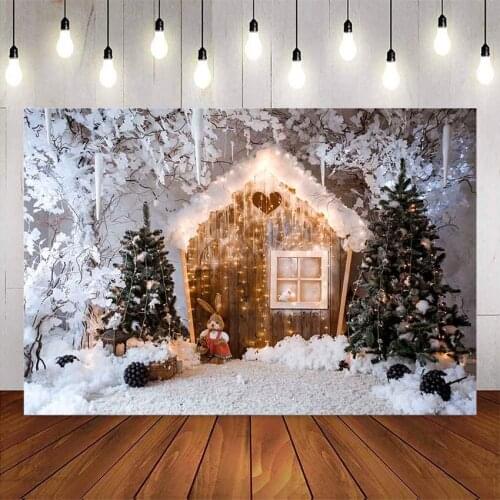 Photography backdrop winter snow scenery winter house Christmas tree background for photo studio newborn for photographic video