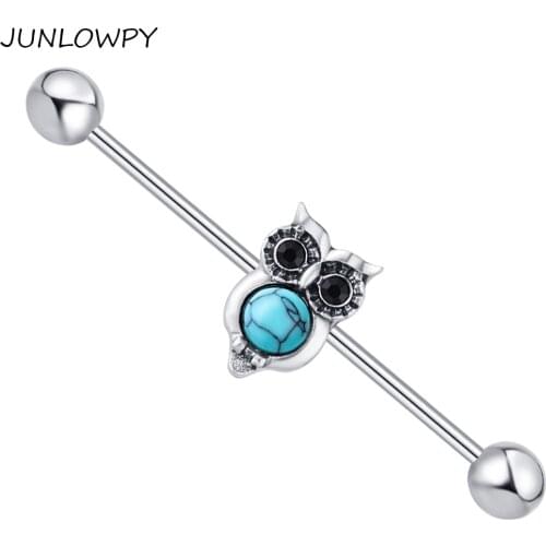 JUNLOWPY Owl Industrial Barbell Piercing Cartilage Stainless Steel 14G 38mm Tragus Earring Sexy Body Jewelry Men Women 20pcs