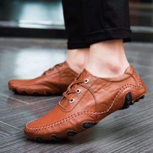 Men Loafers Genuine Leather Flat Driving Shoes Fashion Design Mens Casual Shoes Lace Up Soft Comfortable Shoes for Men