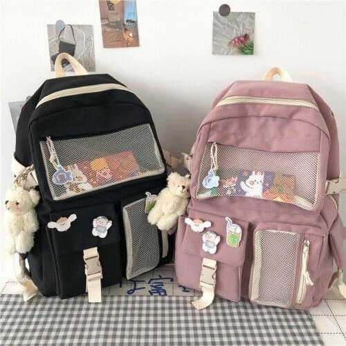 New Buckle Badge Nylon Women Backpack Candy Color Fashion Cute Schoolbag Shoulder Student Bag Teenage Girls College Backpack