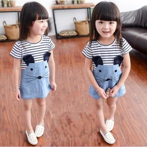 New 2018 Striped Patchwork Character Girl Dresses Shortsleeve Cute Mouse Children Clothing Kids Girls Dress Cotton Kids Clothes