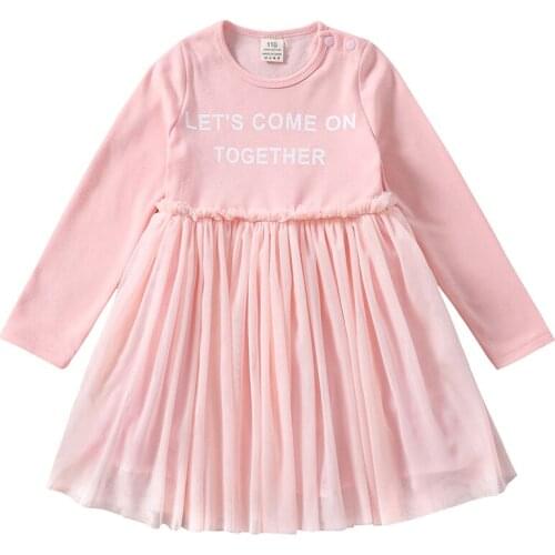2-7 Years Girls Solid Colors Dress 2021 Autumn Long Sleeve Letter Print Net Princess Dress Kids Birthday Party Costume