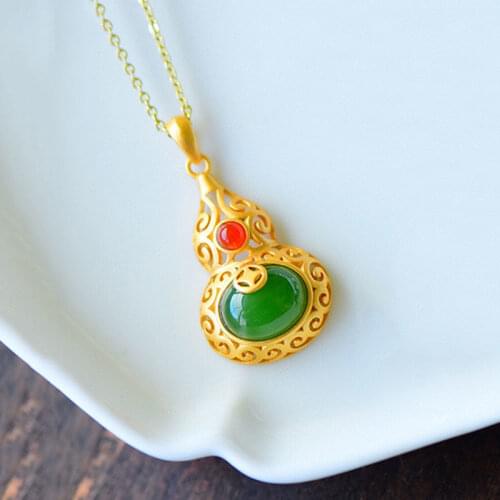 Natural Hetian Jade Green Jade Calabash Pendent Jade Ethnic Style Necklace Womens Retro Open-End Personality Ring Womens Sterl