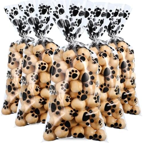 Clear Treat Candy Bags Paw Print Cellophane Bags Pet Gift Bags with 50pcs Twist Ties for Dogs Cats Birthday Party Supplies
