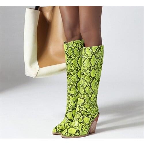 PXELENA 6 Colors Western Cowboy Knee High Riding Boots Women Snake Print Strange Chunky Heel Military Combat Shoes Large Size 45