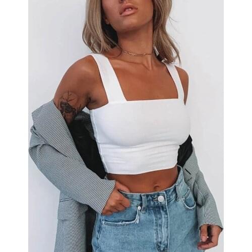 Square Neck Sleeveless Summer Crop Tops 2021 New White Black Women Casual Basic T Shirt Off Shoulder Cami Sexy Backless Tank Top