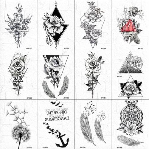 VANKIRS Geometric Flower Tattoo Stickers Women Body Arm Art Painting Tattoos Temporary Feather Birds Lotus Tatoos Supplies Rose