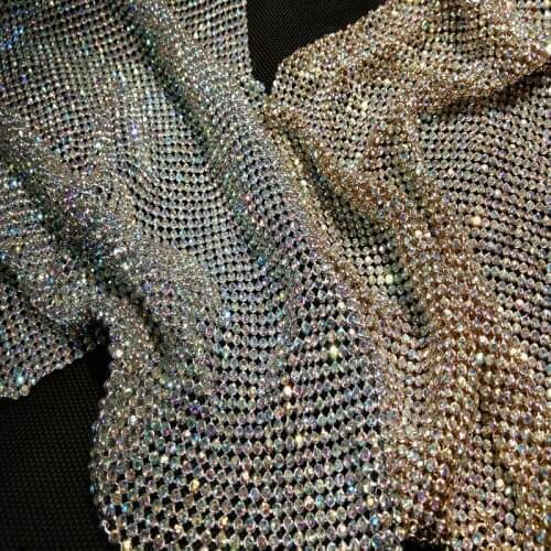 ViaPhil 45cm Width Chunky Glitter Gold Siver AB Rhinestone Metal Mesh Fabric Metallic Fabric Metal Sequin Sequined Fabric DIY Se