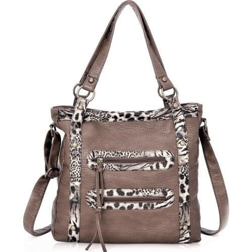 Women Brown Vintage Leopard Messenger Bag Patch-work Medium Size Crossbody Purse in Washed Faux Leather