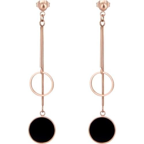 New Classic Geometry Hollow Cricles Long Black Round Drop Earrings For Women Party Long Earrings Rose Gold Color Modern Jewelry