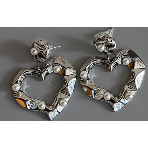 Origin Summer Silver Color Love Heart Dangle Earring for Women Girls Chic Irregular Hollow Pearl Earring Jewelry Pendientes