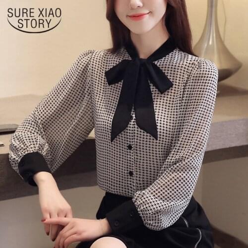 Womens tops and blouses women shirts Cool temperament bow houndstooth chiffon shirt female lantern long-sleeved shirt 2413 50