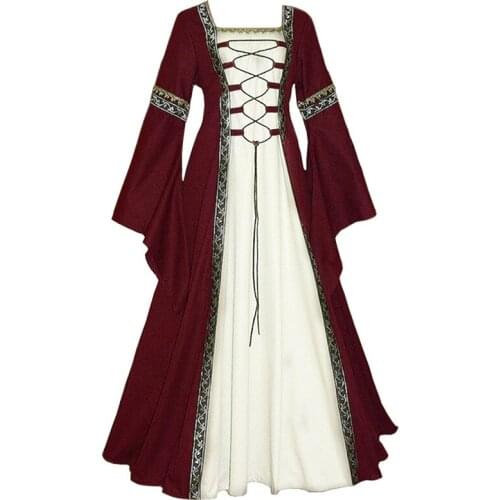 Halloween Medieval Dress Cosplay Costume Witch Gothic Queen Of Vampire Fancy Girl Women Outfit Renaissance Long Robe Disguise
