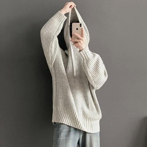 Winter Hooded Sweater Mens Warm Solid Color Casual Knit Pullover Man Sweter Clothes Loose Long-sleeved Sweaters Men S-XL