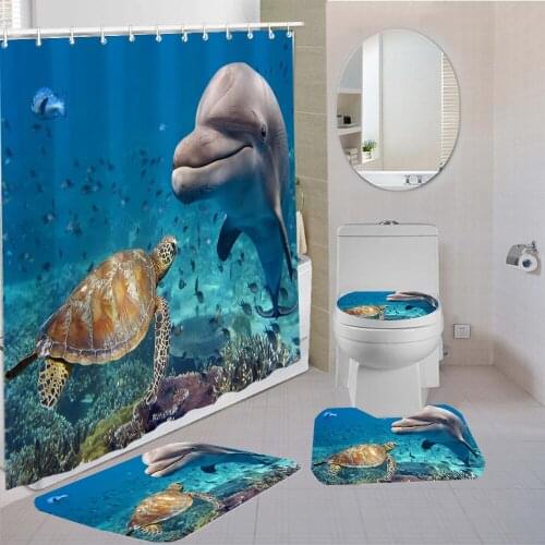 4 Pieces Bathroom Set Dolphins And Turtles Shower Curtain Cartoon Curtains Kids Bath Sets 3D Print Bathroom Comfortable Curtain