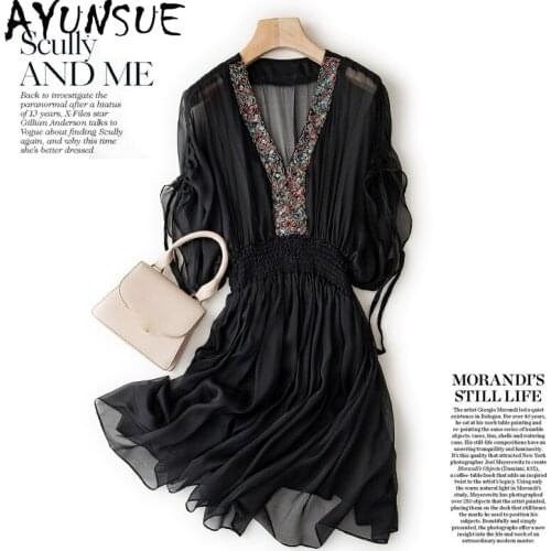 AYUNSUE 100% Real Silk Dresses for Women 2021 Short Beach Dress Sexy Black Party Ladies Dresses Fashion Vestidos De Verano Ycq24