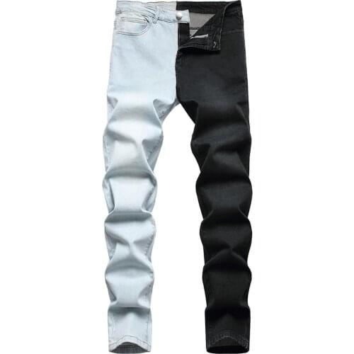 Mens Spliced Patchwork Light Blue Black Jeans Trendy Streetwear Slim Straight Stretch Denim Pants Trousers