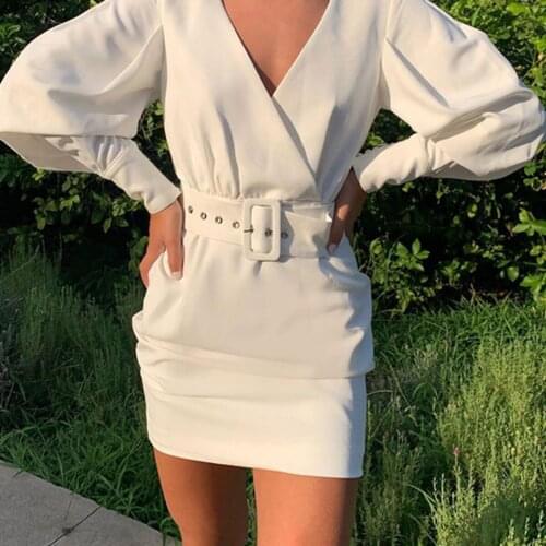 Elegant Blazer Dress Women Solid Casual Belt Long Sleeve Cocktail Dress Office Ladies Workwear 2021 Vestidos Spring Autunm