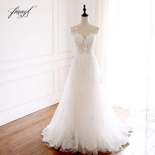 Fmogl Vestido De Noiva Sexy Illusion A Line Wedding Dresses 2021 Scoop Neck Appliques Beaded Sweep Train Bride Gowns