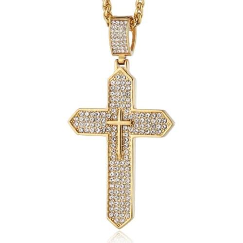 HZMAN Mens Iced Out Cross Cz Inlay Pendant Gold Stainless Steel Hip-Hop Necklace