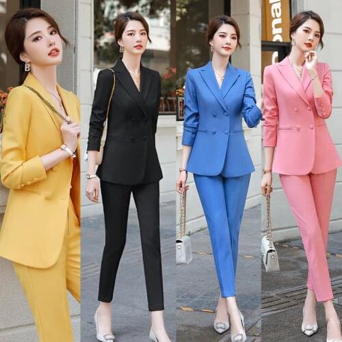IZICFLY Spring Fall New Style Fashion Uniforms Business Slim Office Pink Suit Women Blazer Set With Trousers Work Wear 2 Piece