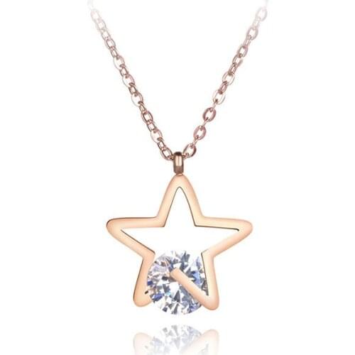 Office Stainless Steel Cubic Zirconia Star Pendant Necklaces Jewelry Rose Gold Chokers Necklace For Women Girls N19013