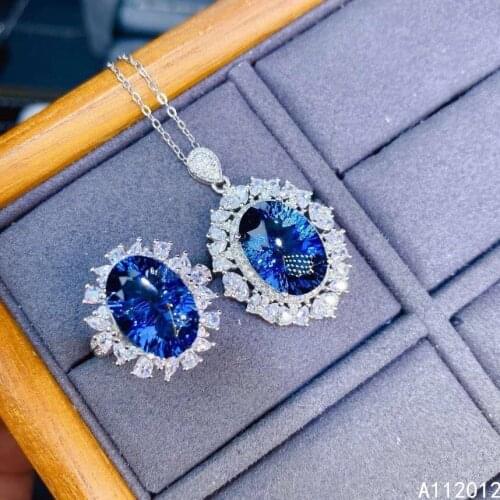 KJJEAXCMY Fine Jewelry 925 sterling silver inlaid natural blue topaz new girl noble necklace pendant ring set support test