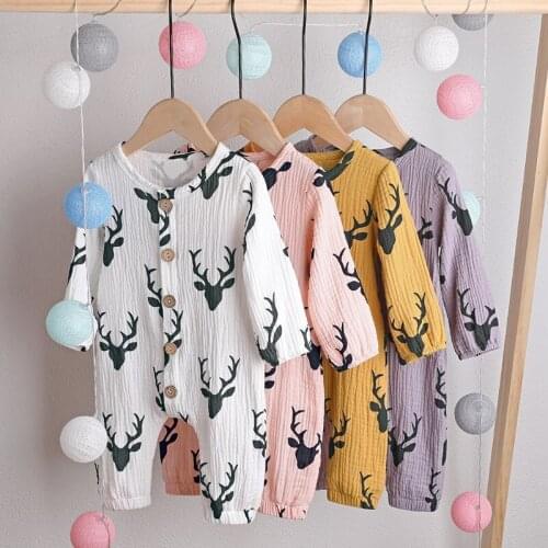 New Born Baby Girl Romper Cotton Long Sleeve Cartoon Animal Deer Single Breasted Print Baby Boy Romper Autumn Baby Clothes 3-12M