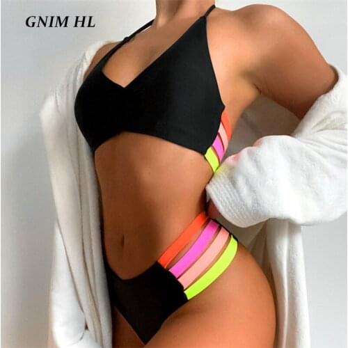 High Waist Swimsuit Women Patchwork Bandage Bikini Mujer 2021 New Swimwear Push Up 2 Pieces Halter Beachwear Swim Bathing Suit