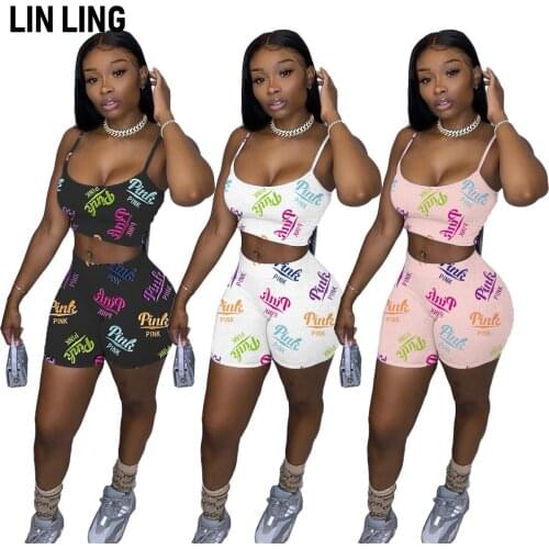 LINLING Summer Temperament Letter Printing Casual Suit Suspender Vest Top Shorts Simple Two-piece Set