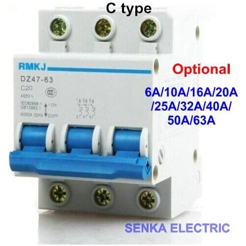 3P mini circuit breaker 400V~ 50HZ/60HZ MCB electric miniture breakers C45 Optional 6A/10A/16A/20A/25A/32A/40A/50A/63A