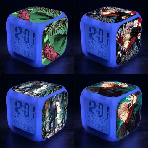 Jujutsu Kaisen Cartoon Alarm Clock Glow in Dark 7 Colors Changing Night Light Led Alarm Clock Student Desk Clock Thermometer