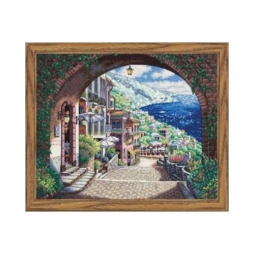 Seashore View Hotel Sea City Seashore Beach Cross Stitch Kits Embroidery Needlework 14CT Unprinted DIY Handmade Art Decor