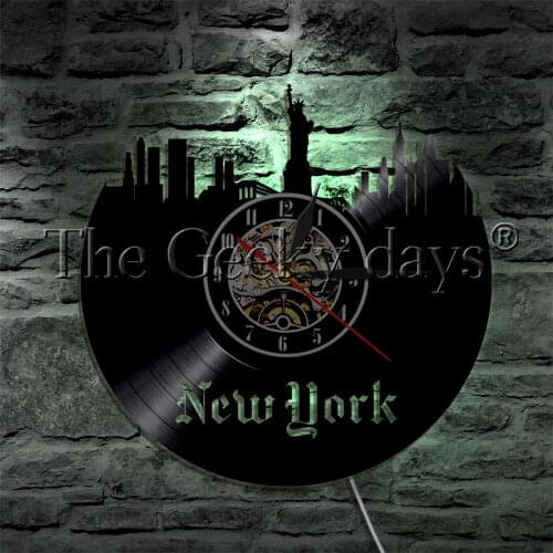 USA New York Statue of Liberty Skyline Vinyl Record Wall Clock With LED Backlight Home Decor Wall Watch LED Hanging Lamp