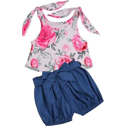 Girls Casual Two-piece Clothes Set White Floral Printed Pattern Sleeveless U-shaped Collar Tops and Shorts