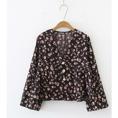 Womens V Neck Floral Print Blouses Summer Sweet Small Fresh Long Sleeves Chiffon Shirt