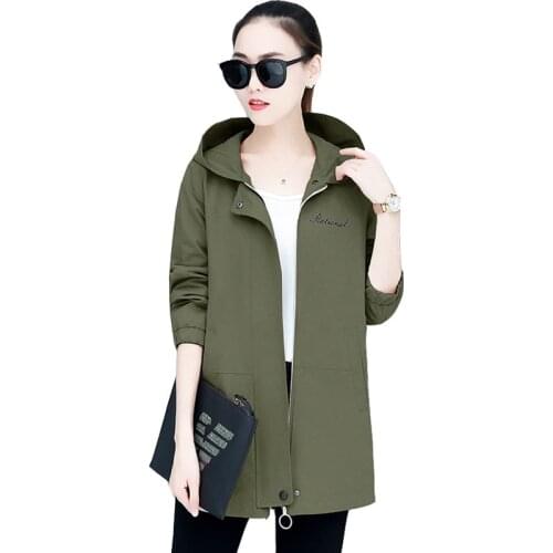Windbreaker Female 2019 Spring Autumn New Womens Casual Hooded Trench Coat Mid-long Loose Outwear Vintage Solid Overcoat R19