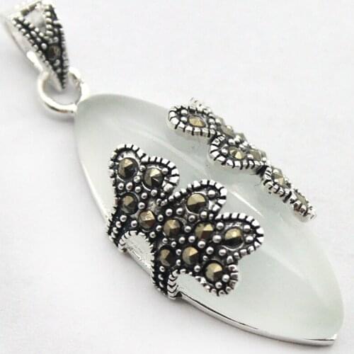 VINTAGE 925 STERLING SILVER WHITE OPAL PENDANT 40X15MM