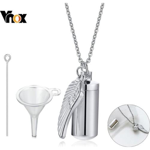 Vnox Women Cylinder Cremation Urn Necklace for Ashes Memorial Keepsake Pendant with Angel Wing,Stainless Steel Remembrance Gift