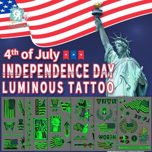 Luminous Temporary Tattoos Souvenir Happy Independence Day Flag Face Hands Fake Tattoo Waterproof Glow at Night Women Men Child
