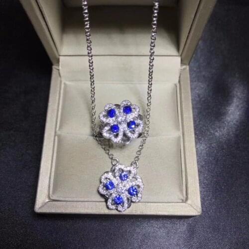 Natural Sapphire Jewelry Set, Sri Lanka Mining Area, Rotating Effect, 925 Silver Windmill