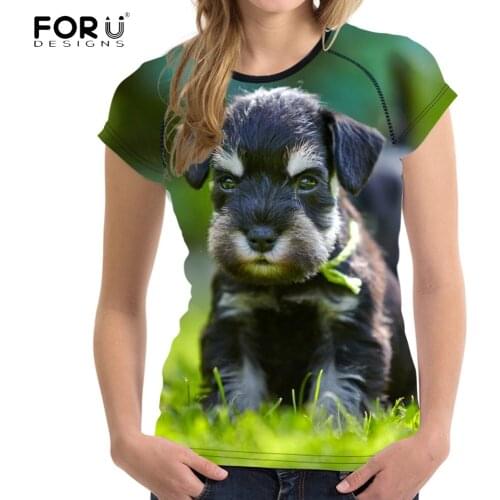 FORUDESIGNS Funny Animal Women T Shirt 3D Dog Schnauzer Printed Breathable O Neck Tee Casual Fitness Short Sleeve Tops Clothes
