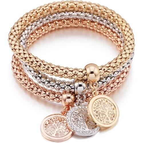 3Pcs Hollow Life of Tree Charms Bracelets Crystal Gold Elastic Rope Popcorn Bangles For Women Gift Jewelry 2021 New Fashion